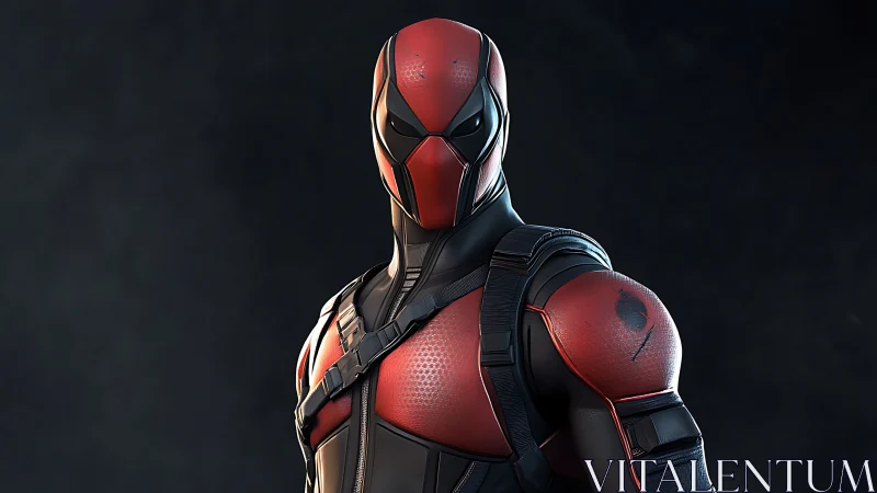 Red and black armored masked vigilante in studio lighting.