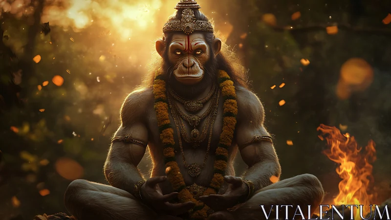 Divine simian warrior in meditative pose amid ritual fire glow