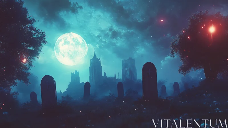Moonlit graveyard scene frames distant gothic cathedral
