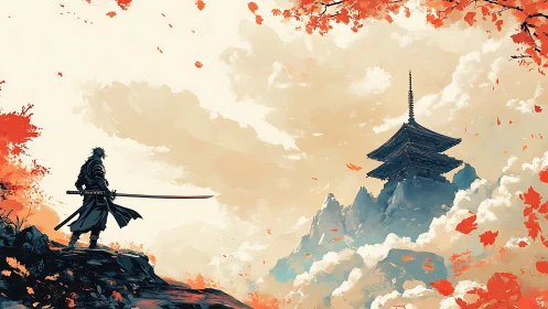 Lone katana warrior on cliff facing distant mountain pagoda