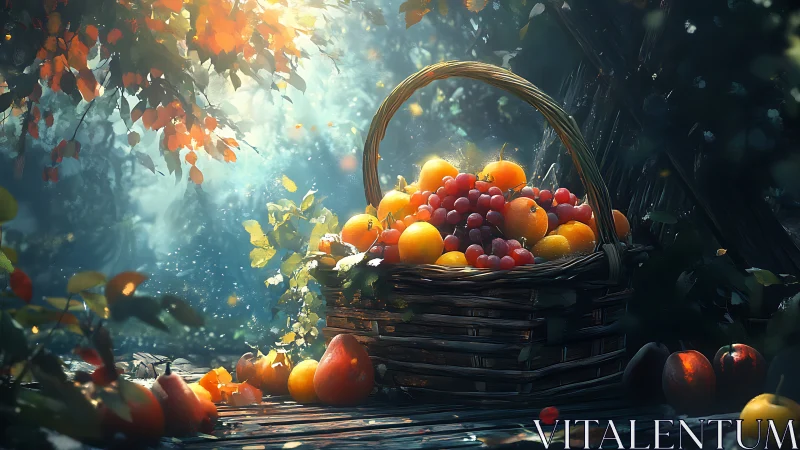 Sunlit orchard bounty glowing in an enchanted forest glade.