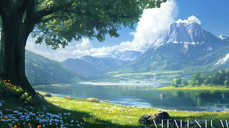 Mountain lake valley under large tree in bright daylight