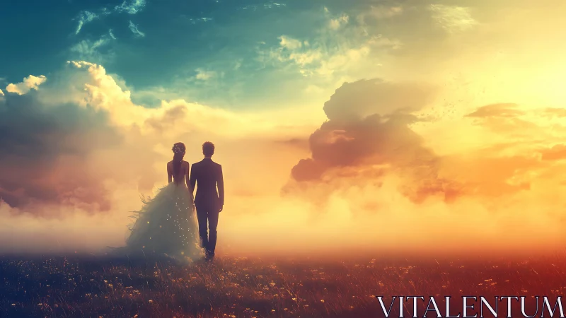Two souls ascending through golden cloudscapes into eternity.