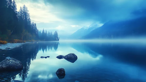Glacial lake at dawn reflects alpine pines in ethereal mist