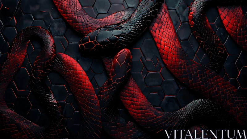 Interlaced red-black serpents coil over hexagonal matte tiles