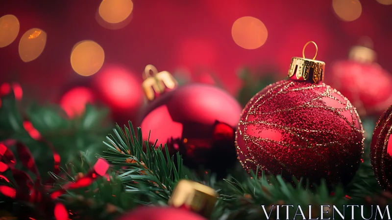 Glittered red baubles on evergreen branches under warm bokeh