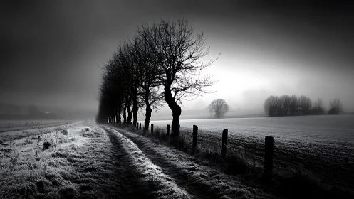 Winter lane receding into mist beneath stark bare trees.