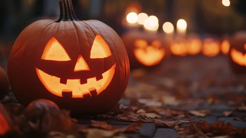 Glowing jack o lantern dominates candlelit autumn path.