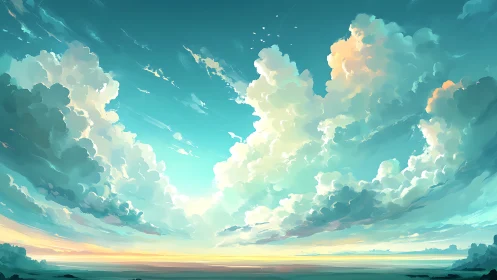 Wide-angle cloudscape with volumetric cumulus lighting gradients