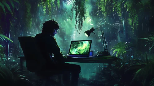 Cyberpunk coder works in neon jungle studio at night.