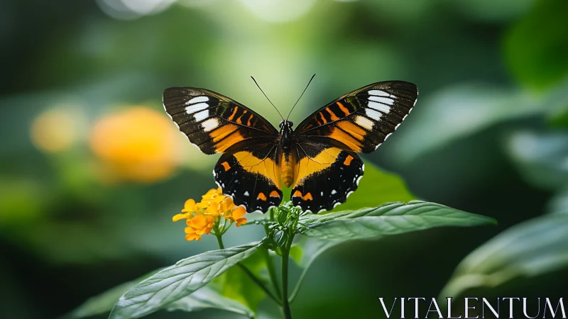Macro study of monarch butterfly on lantana bloom in bokeh field.