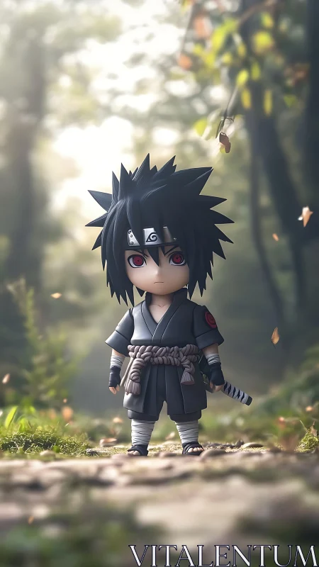 Chibi ninja warrior figure in softly lit forest path scene.