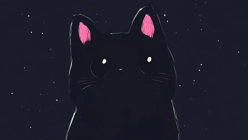 Black cat face with neon pink ears against starry night.