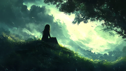 Silhouetted figure on hill under dense sky and foliage.