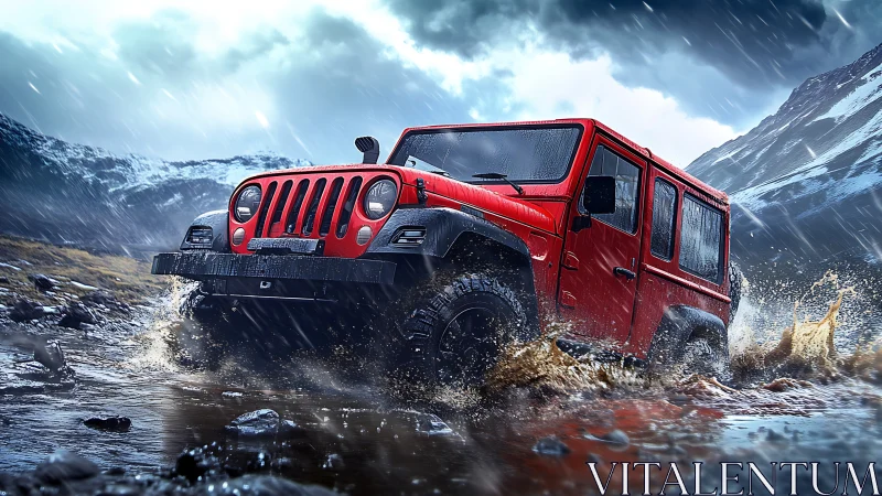 Red storm-runner jeep shredding a wild mountain downpour.