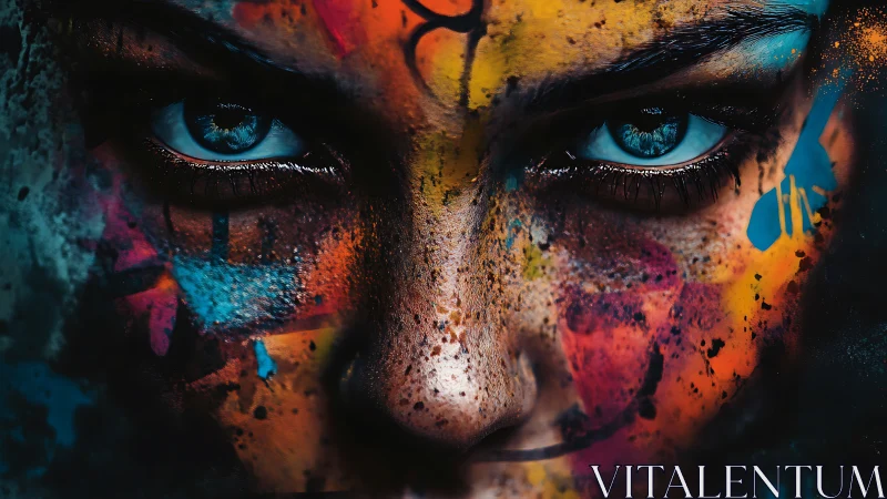 Intense blue-eyed portrait with chaotic neon paint overlays.