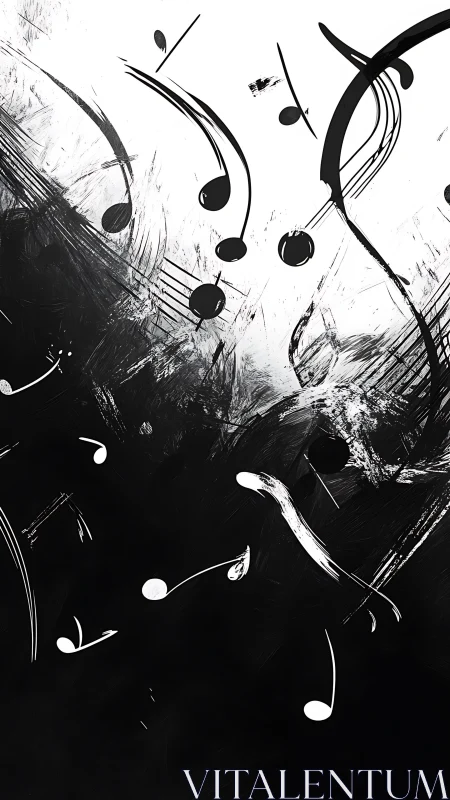 Monochrome music notes swirling through bold brushstrokes.