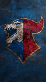 Heraldic wolf crest emblem on distressed tricolor shield.