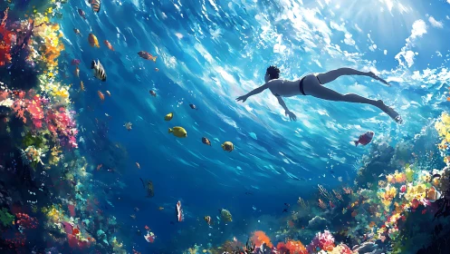 Swimmer glides above vibrant coral reef in dynamic anime seascape