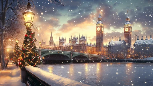Snowy Christmas glow along London’s riverside skyline.