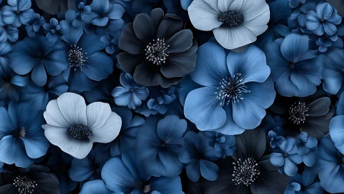 Blue and black floral composition with varied blooms