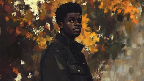 Thoughtful young man framed by rich autumn colors.