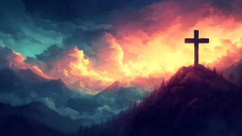 Mountain cross silhouette under blazing pastel storm sky.