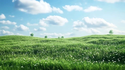 Sunlit grassy hills under bright blue spring sky.