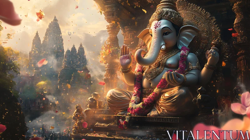 Golden Ganesha in rose-lit temple haze blessing the dawn.
