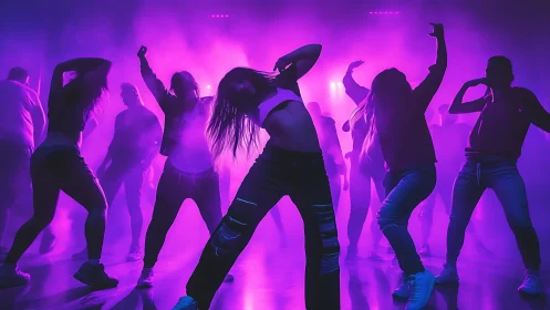Group street dancers move under neon purple club lights.