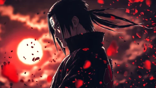 Silhouetted shinobi figure before red sun with petals.