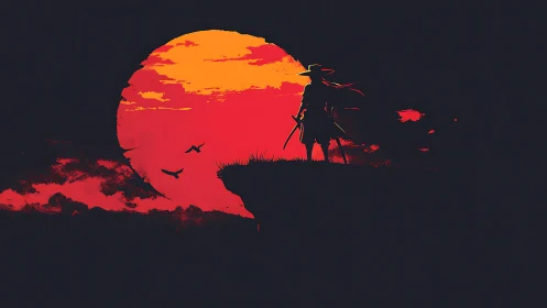 Silhouetted ronin studies a molten sun at the cliff edge