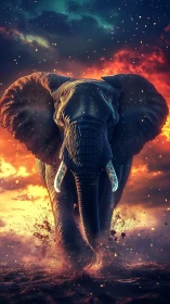 Cinematic digital painting of charging elephant in firelit stormscape.