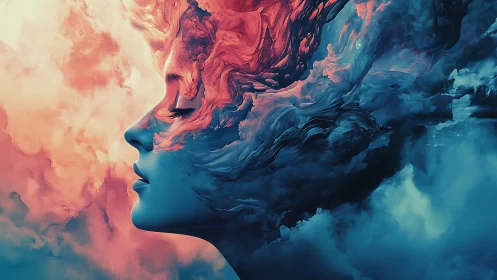 Surreal female profile dissolves into turbulent bicolor nebular clouds