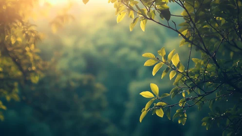 Sunlit green leaves in soft focus nature photography style.