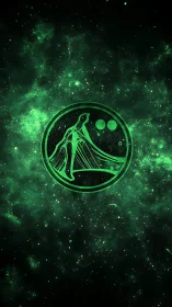 Neon green Virgo emblem floats within dense fractal starfield
