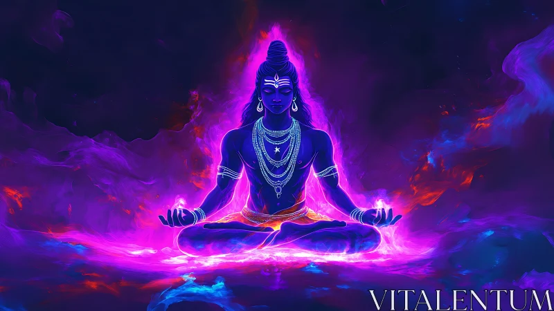 Neon-hued meditative figure in symmetrical seated posture.