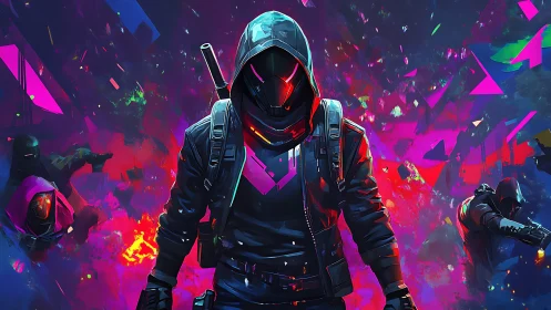 Hooded cyberpunk operative in neon urban firefight.