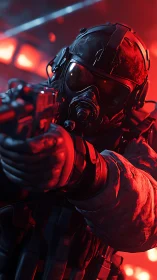 Tactical operator with gas mask in red backlit combat stance