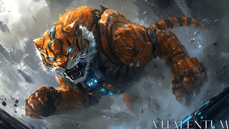Cybernetic tiger mech lunges through debris with illuminated armor