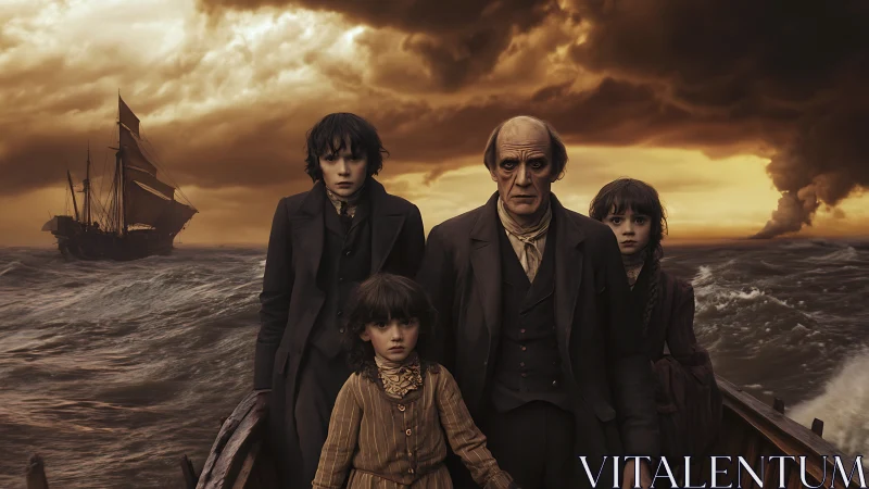 Storm-tossed family at sea holding fast to one another.