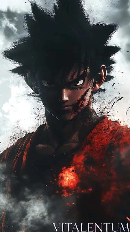 Battle-worn anime fighter rendered with high-contrast volumetric smoke