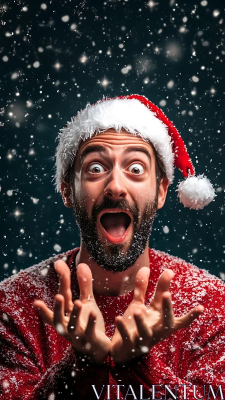 Joyful man in Santa hat celebrates first winter snowfall.
