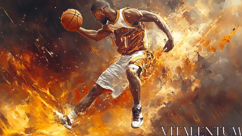 Dynamic basketball player in motion amid fiery abstraction.