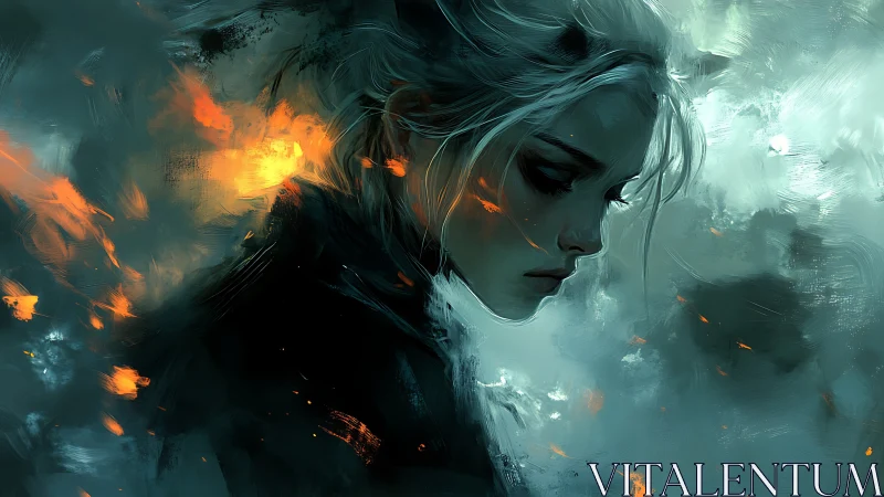 Side profile of woman amid teal smoke and orange sparks.