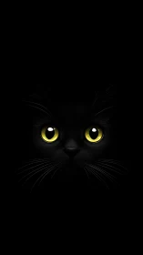Black Cat with Glowing Yellow Eyes Against Dark Background