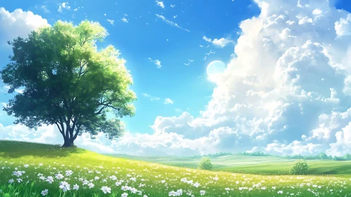 Luminous meadow landscape with volumetric clouds and lone tree