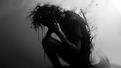 Silhouetted figure crouched in abstract monochrome field.