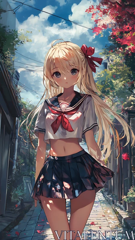 Blonde schoolgirl in sunlit alleyway with autumn foliage.