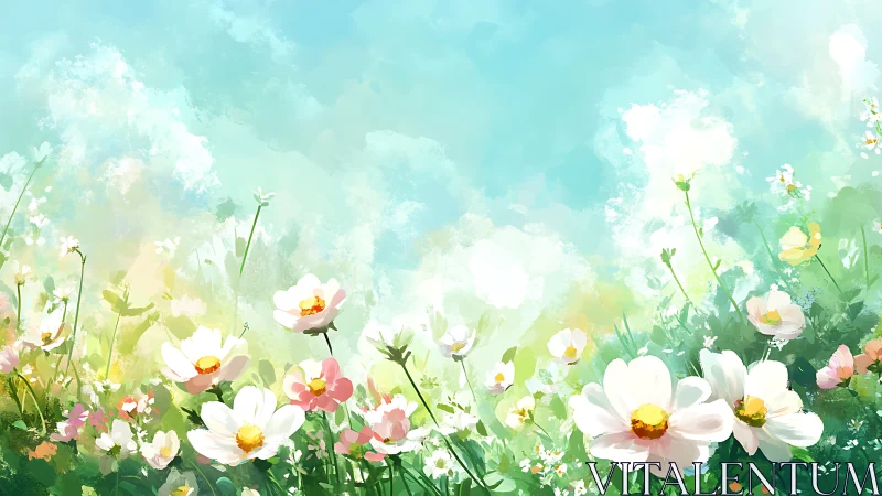 Field of blooming flowers with layered sky atmosphere